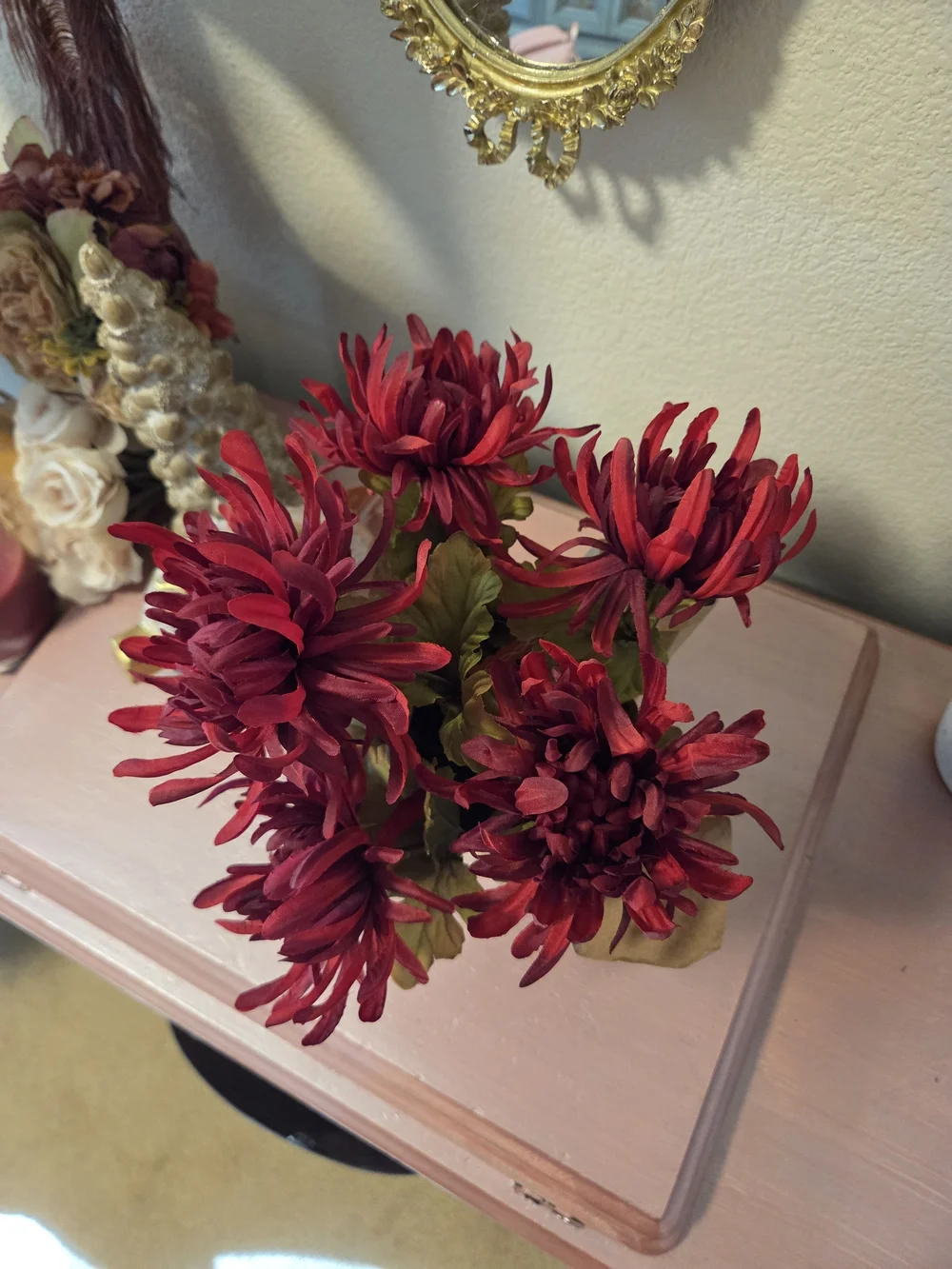 Ashland Red Chrysanthemum Faux Bouquet in Kraft Wrap